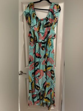 Express Aqua High-Low Dress with Pink and Yellow Leaf Print